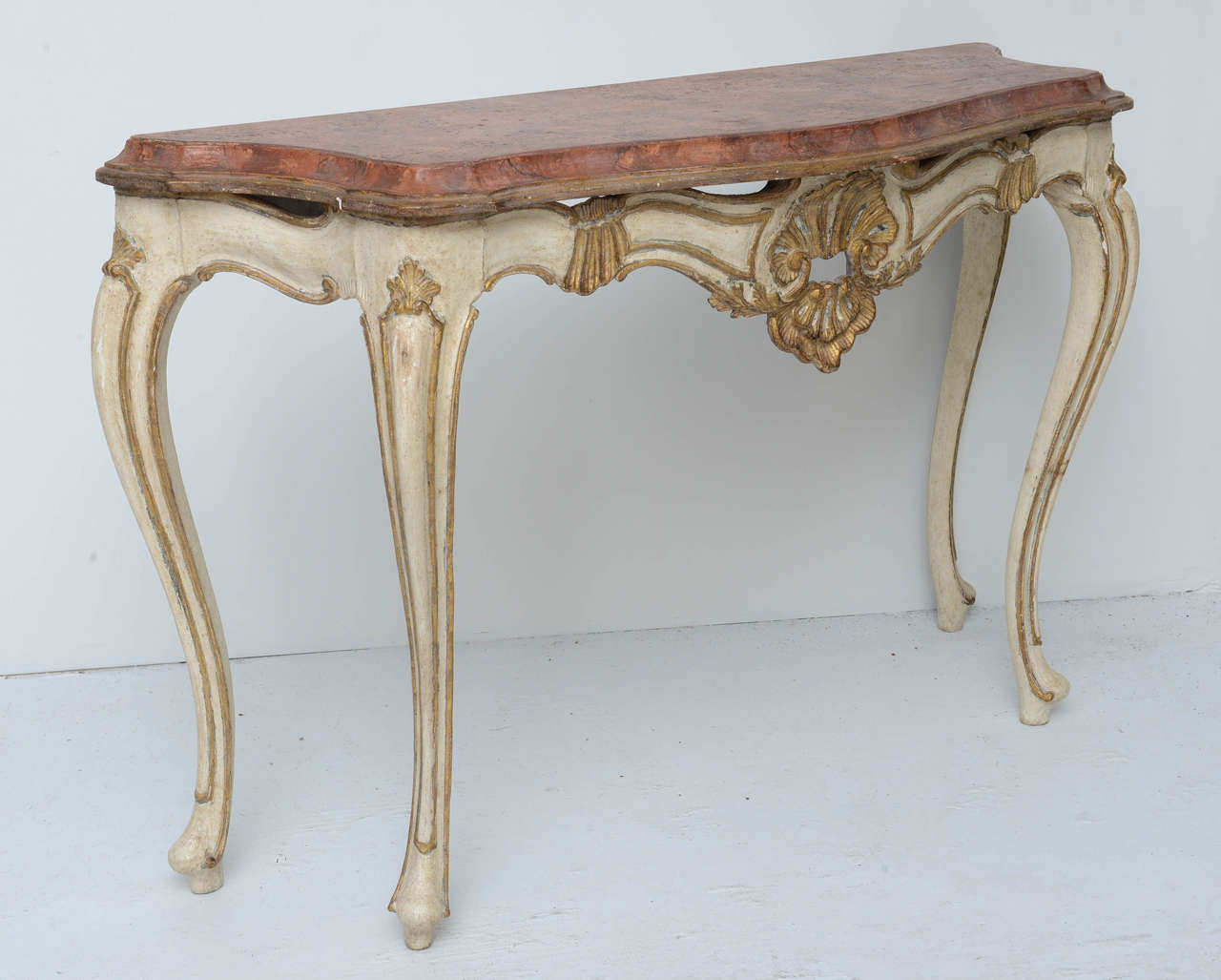 20th Century Pair of Italian Florentine Louis XV Style Console Tables with Faux Painted Top For Sale