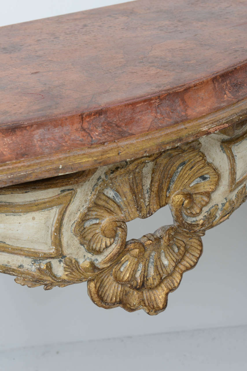 Wood Pair of Italian Florentine Louis XV Style Console Tables with Faux Painted Top For Sale