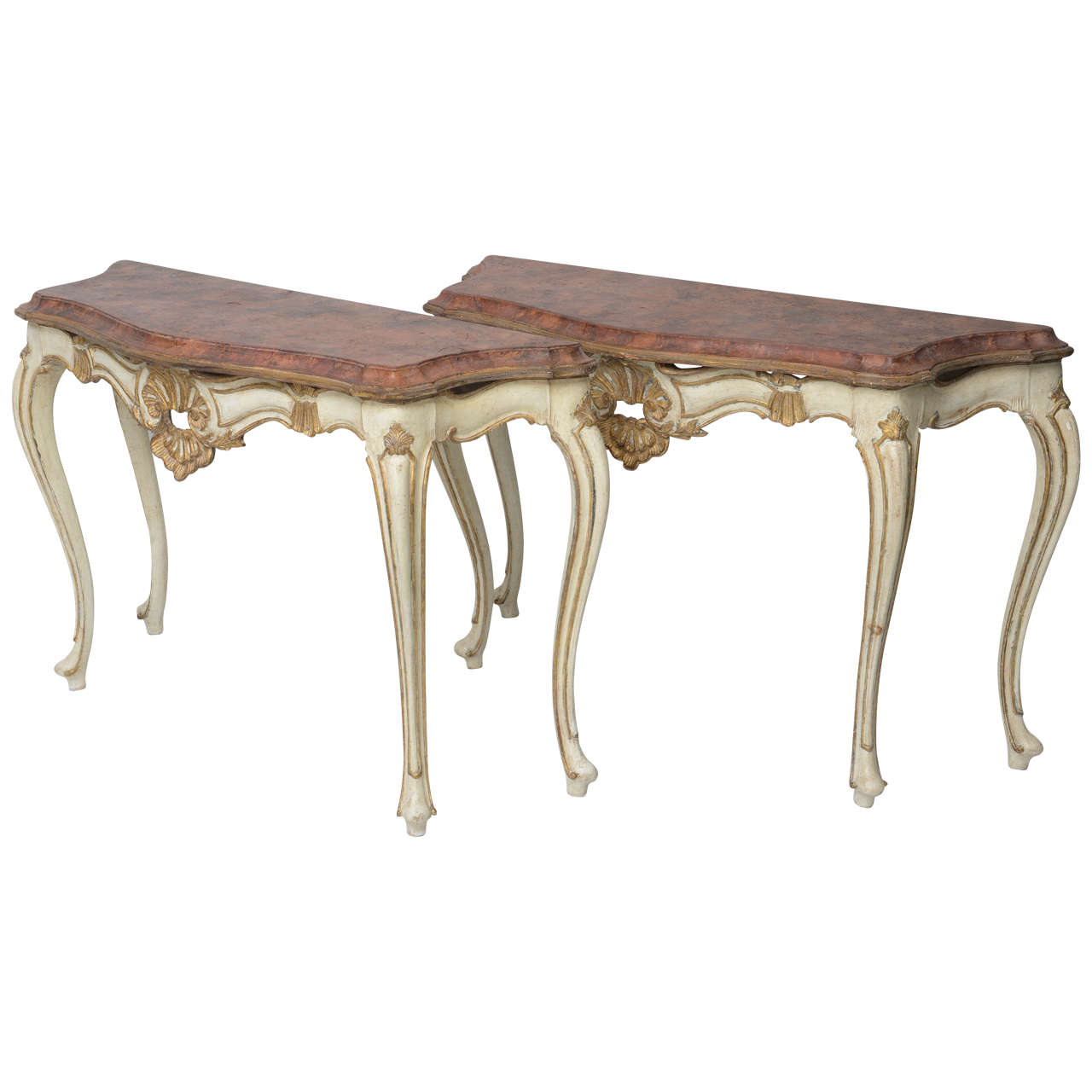 Pair of Italian Florentine Louis XV Style Console Tables with Faux Painted Top For Sale