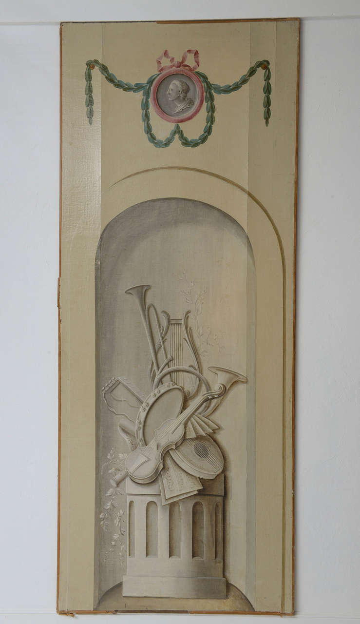 French Trompe l'oeil Oil on Canvas Large Painting Panel, 19th century