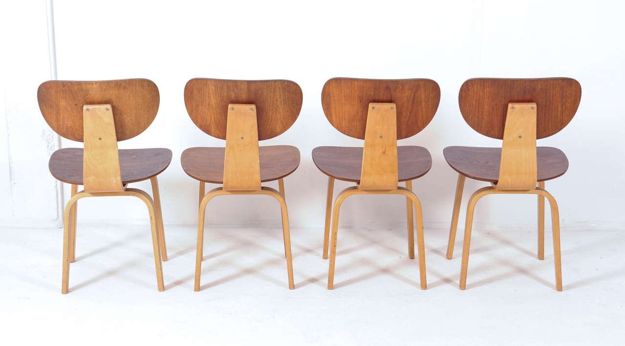 Wood Set of 4 Cees Braakman for Pastoe Dining Chairs, Model SB13, Combex Series