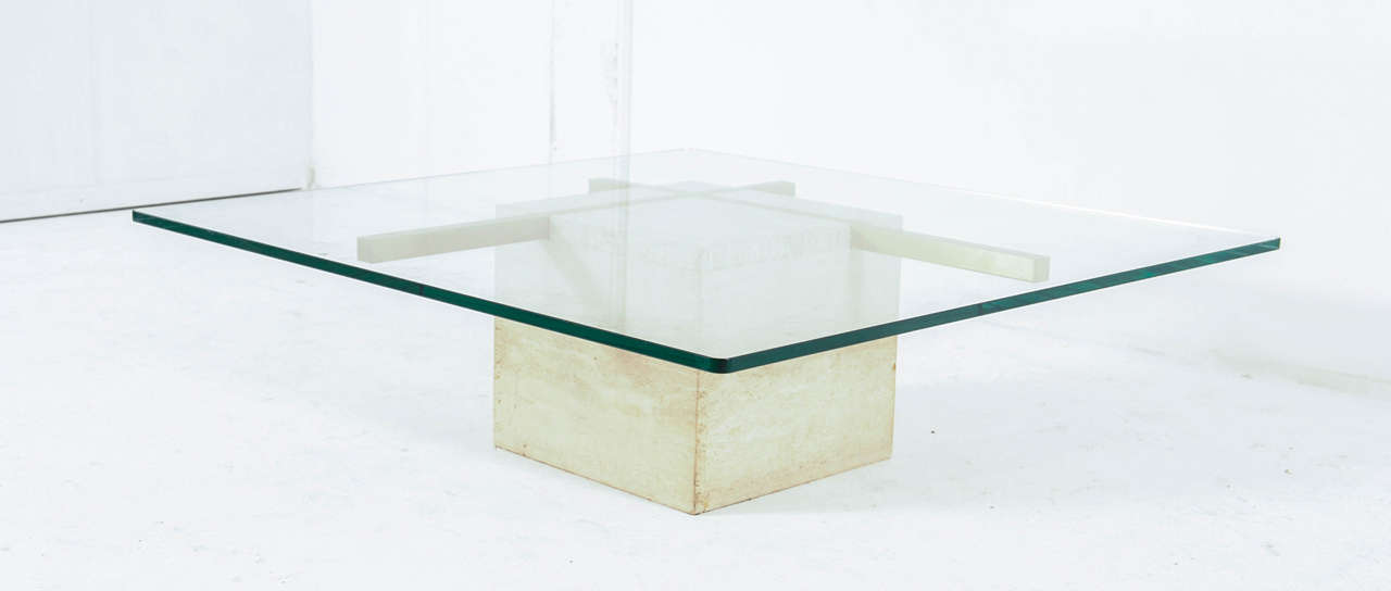 Mid-Century Modern Coffee Table with Travertine Gold-Plated Cross Base and Glass Top