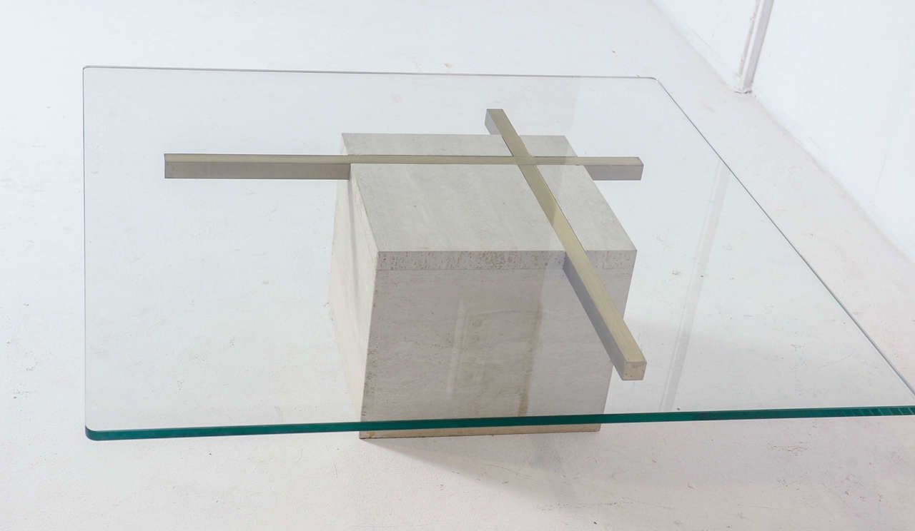 French Coffee Table with Travertine Gold-Plated Cross Base and Glass Top