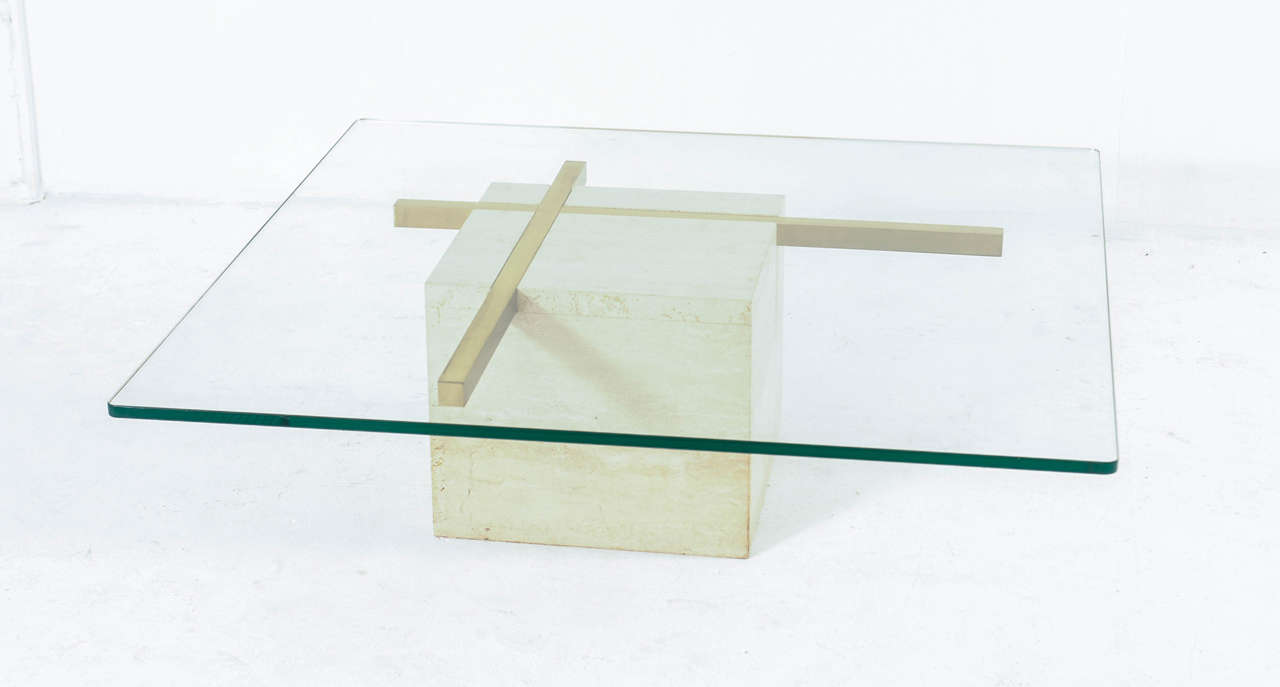 Late 20th Century Coffee Table with Travertine Gold-Plated Cross Base and Glass Top