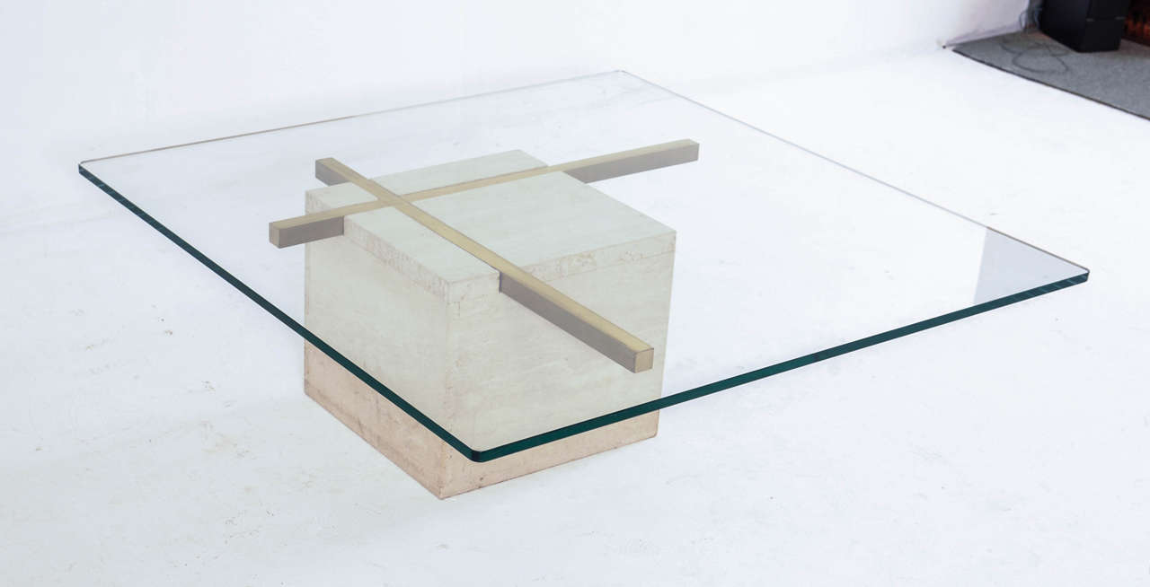 Coffee Table with Travertine Gold-Plated Cross Base and Glass Top 1