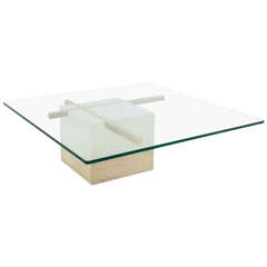 Coffee Table with Travertine Gold-Plated Cross Base and Glass Top