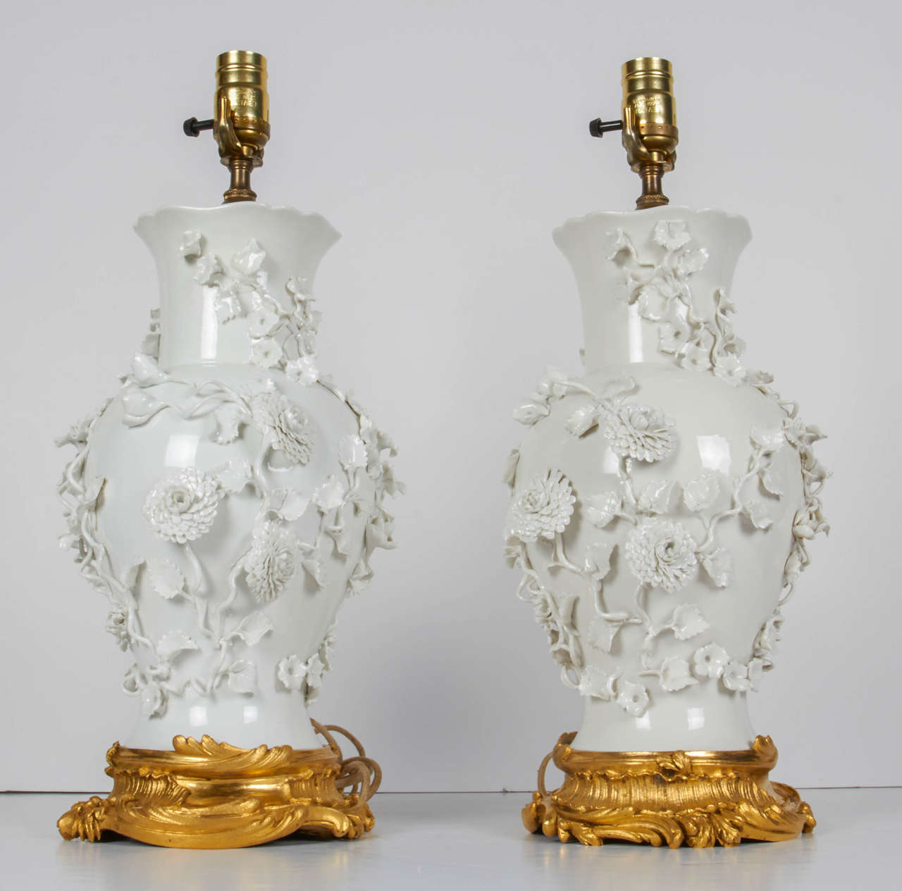 Louis XV Pair of Antique Blanc de Chine Porcelain Lamps with Raised Flowers