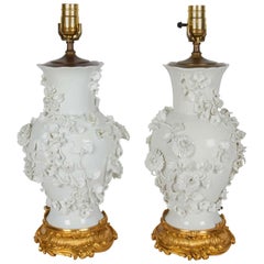 Paar antike Blanc de Chine Porzellanlampen mit erhabenen Blumen