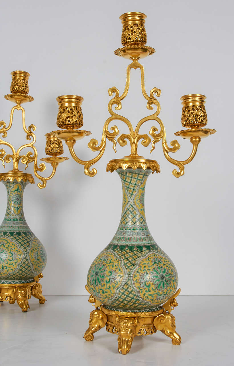 Chinoiserie Pair of Porcelain and Doré Bronze Candelabra, Barbedienne, Edouard Lievre For Sale