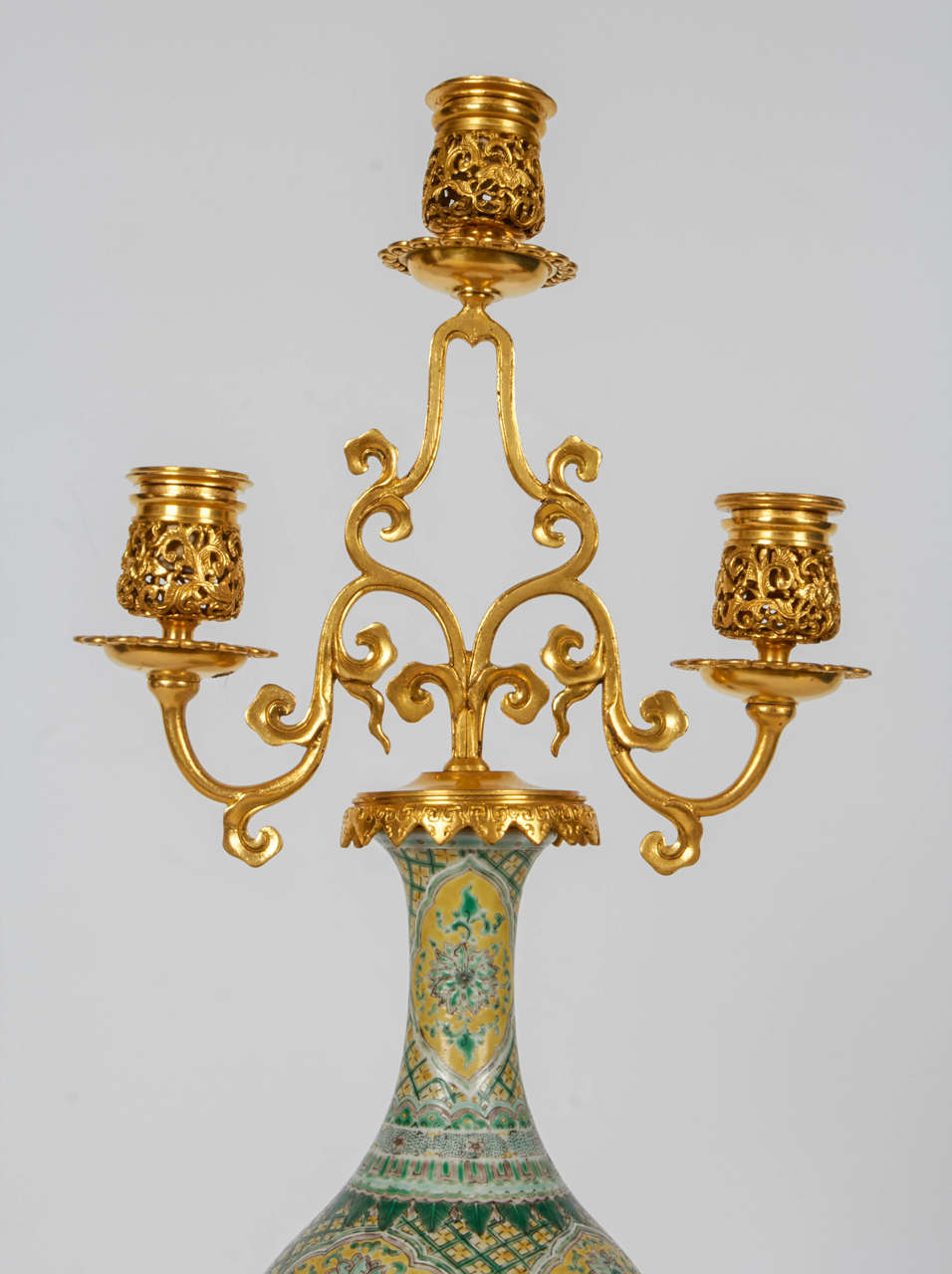 19th Century Pair of Porcelain and Doré Bronze Candelabra, Barbedienne, Edouard Lievre For Sale