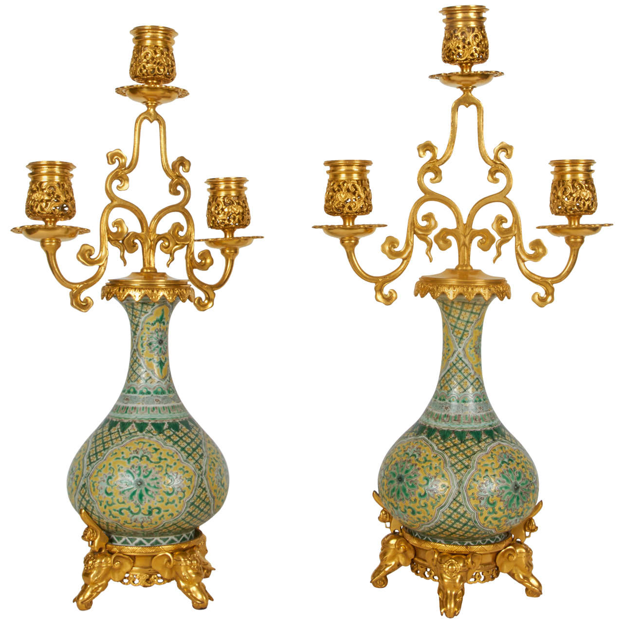 Pair of Porcelain and Doré Bronze Candelabra, Barbedienne, Edouard Lievre For Sale