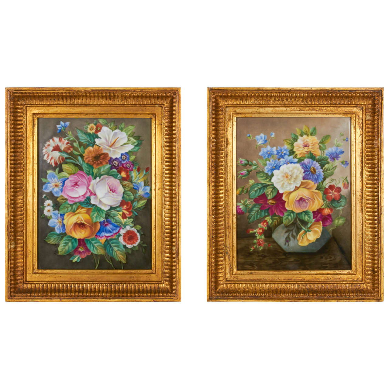 Pair of Hand-Painted Porcelain Plaques of Floral Still-Life Paintings For Sale