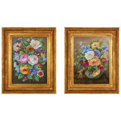 Pair of Hand-Painted Porcelain Plaques of Floral Still-Life Paintings