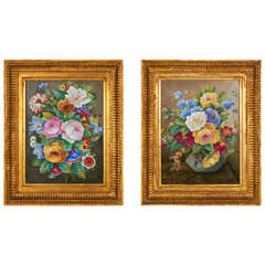 Pair of Hand-Painted Porcelain Plaques of Floral Still-Life Paintings