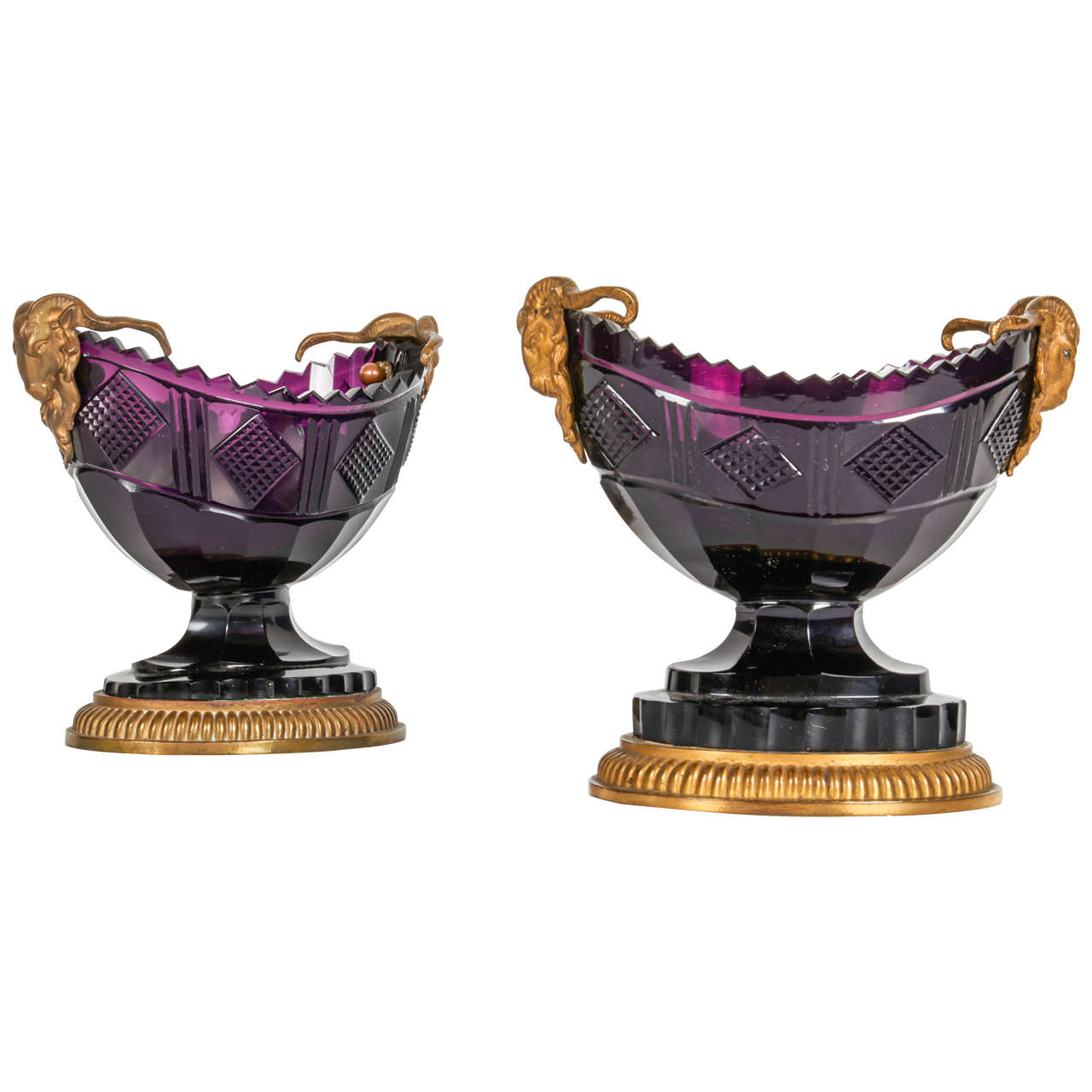 Pair of Antique Russian Ormolu and Amethyst CutGlass Compotes For Sale