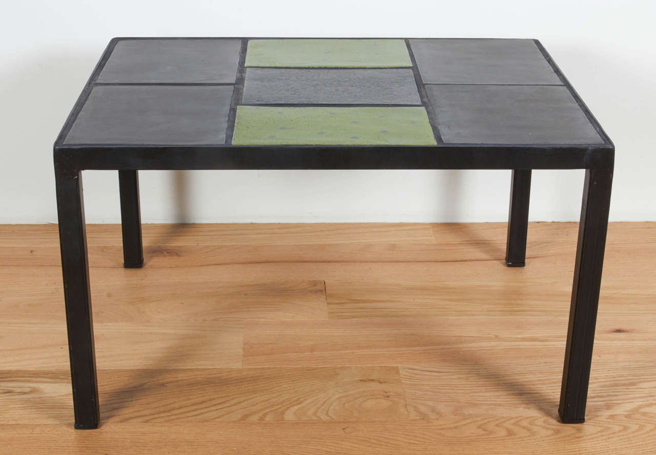 Ceramic Side Table in Black and Avocado Green Glaze tiles, Black metal frame.

Signed: Vissiere