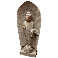 Mid-Century Chinese Carved Limestone Garden Buddha "Dispelling Fear"