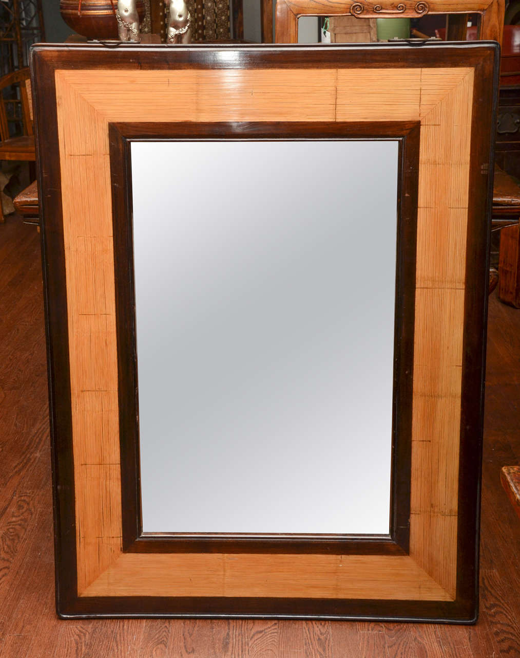 Mid-Century Thai Mahogany and Split Bamboo Mirror with Brass Hardware