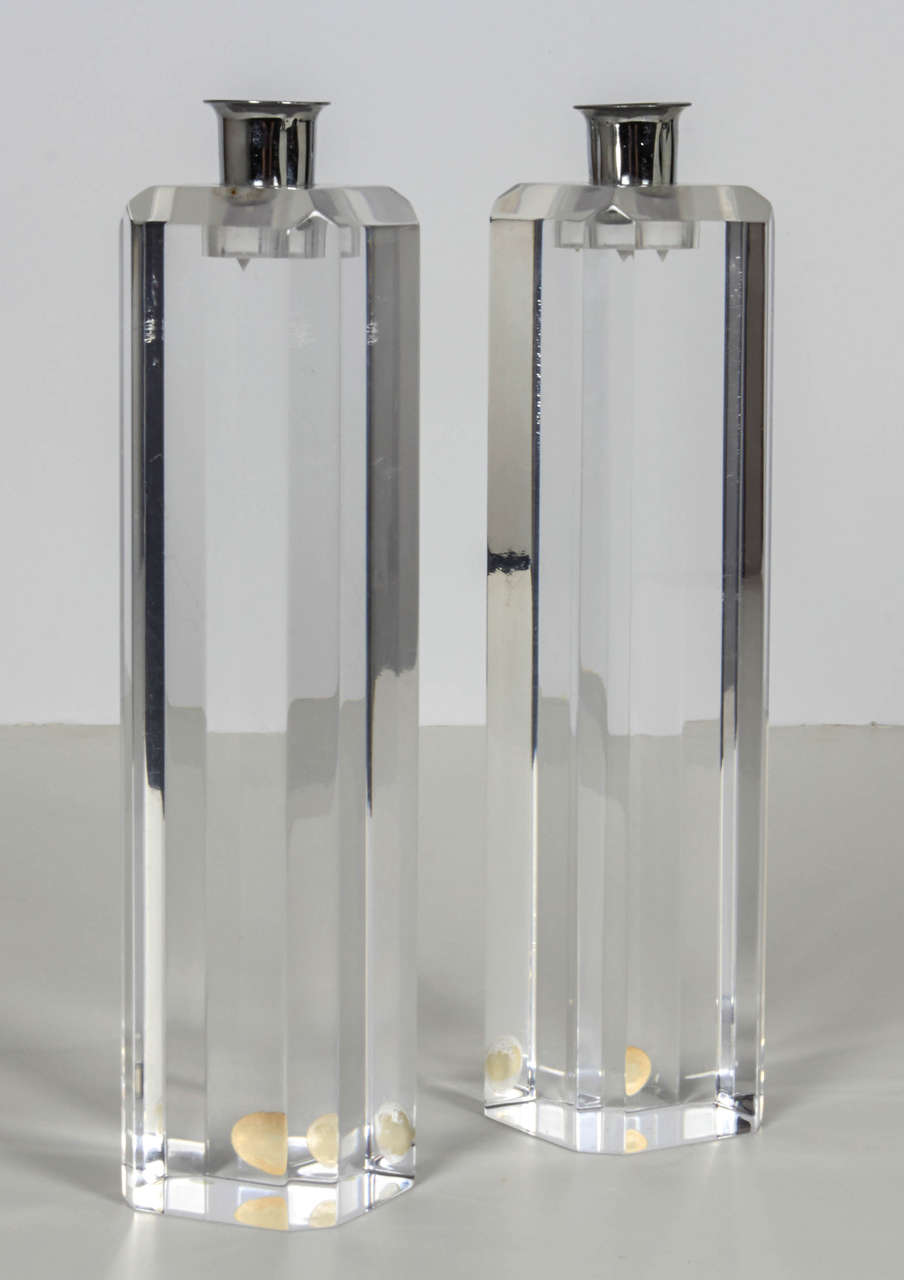 Mid-Century Modern Pair of Tall Lucite Candle Stick Holders by Ritts Co.