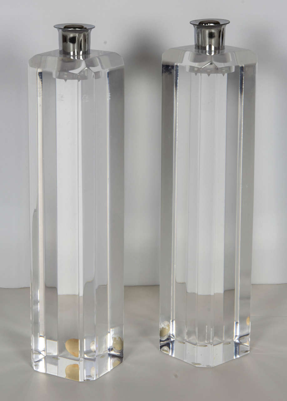 American Pair of Tall Lucite Candle Stick Holders by Ritts Co.