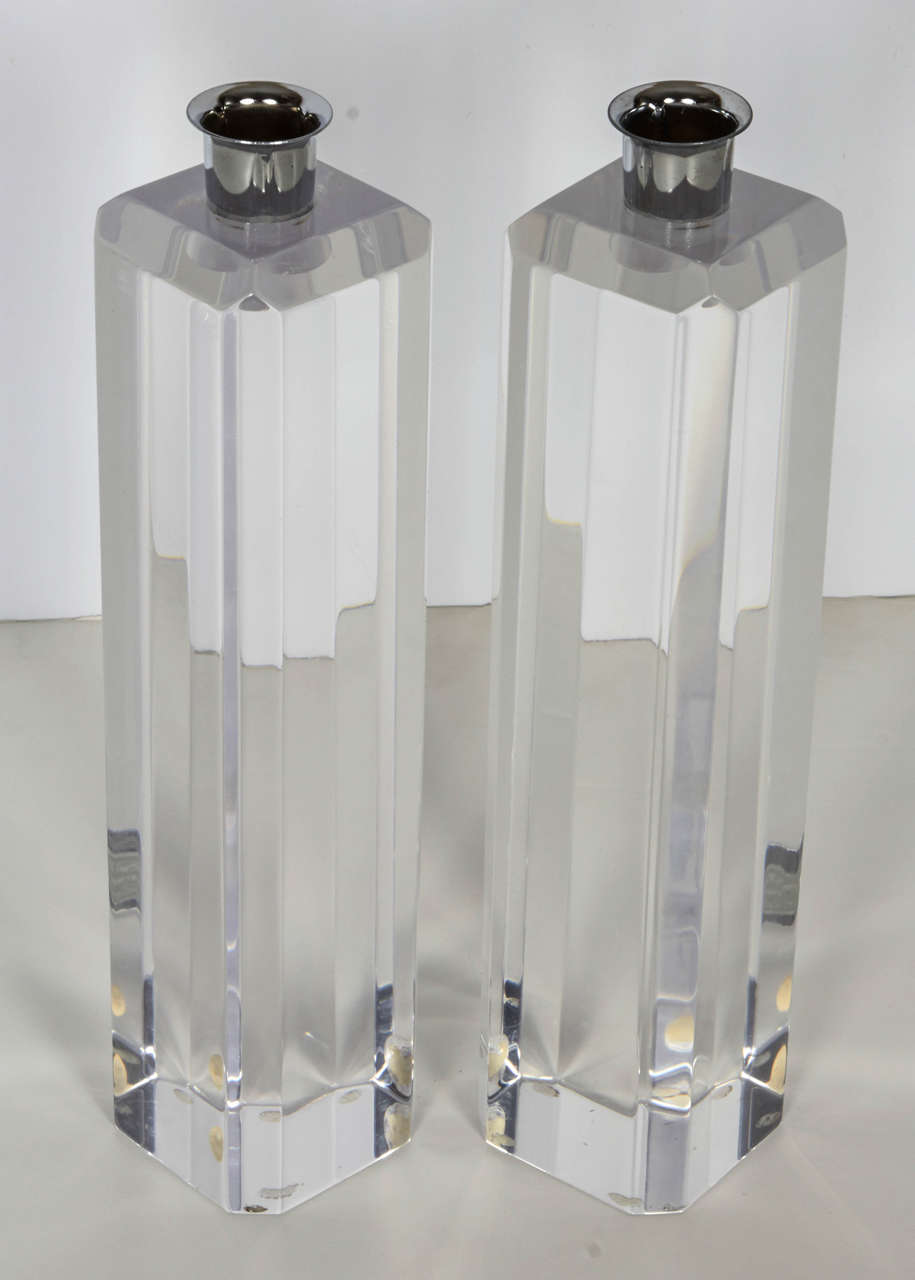 Pair of Tall Lucite Candle Stick Holders by Ritts Co. In Good Condition In New York, NY
