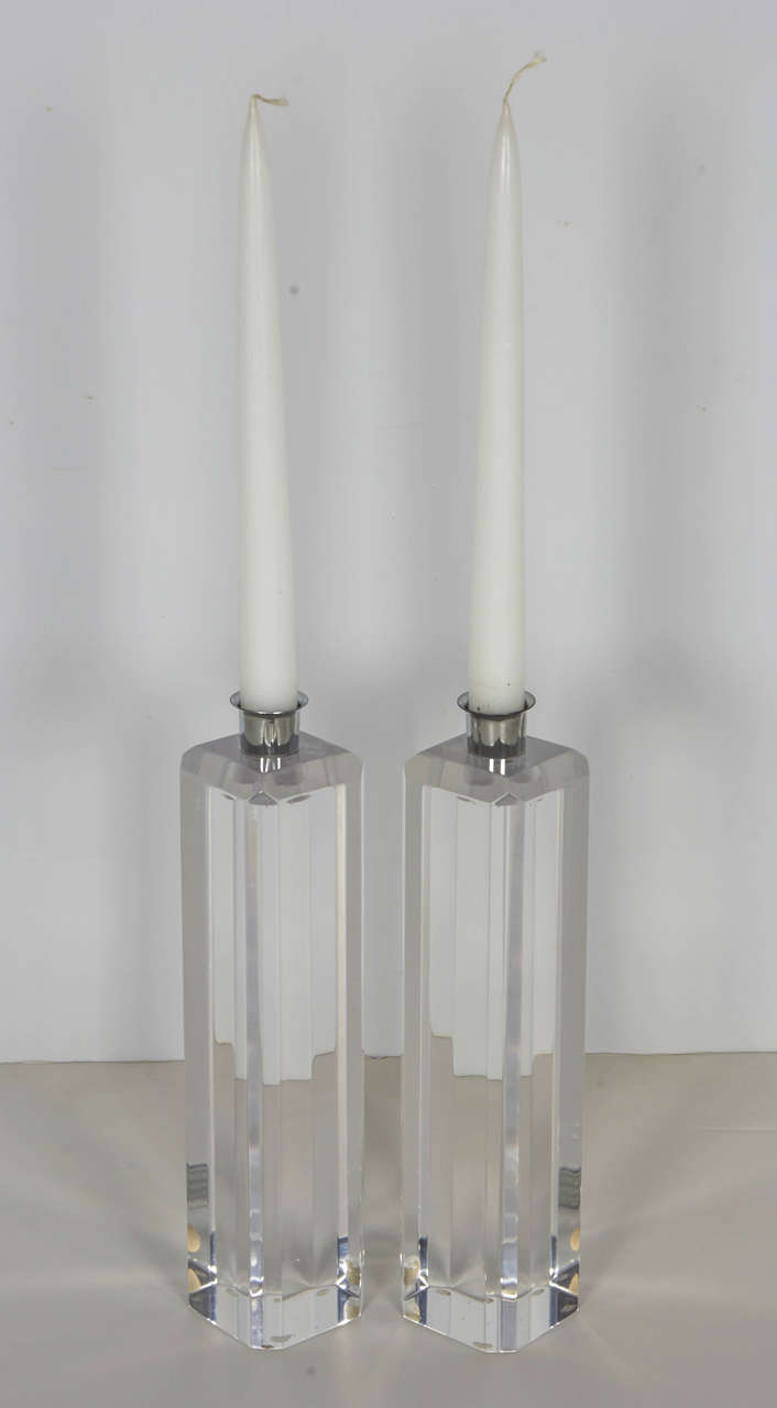 Pair of Tall Lucite Candle Stick Holders by Ritts Co. at 1stDibs