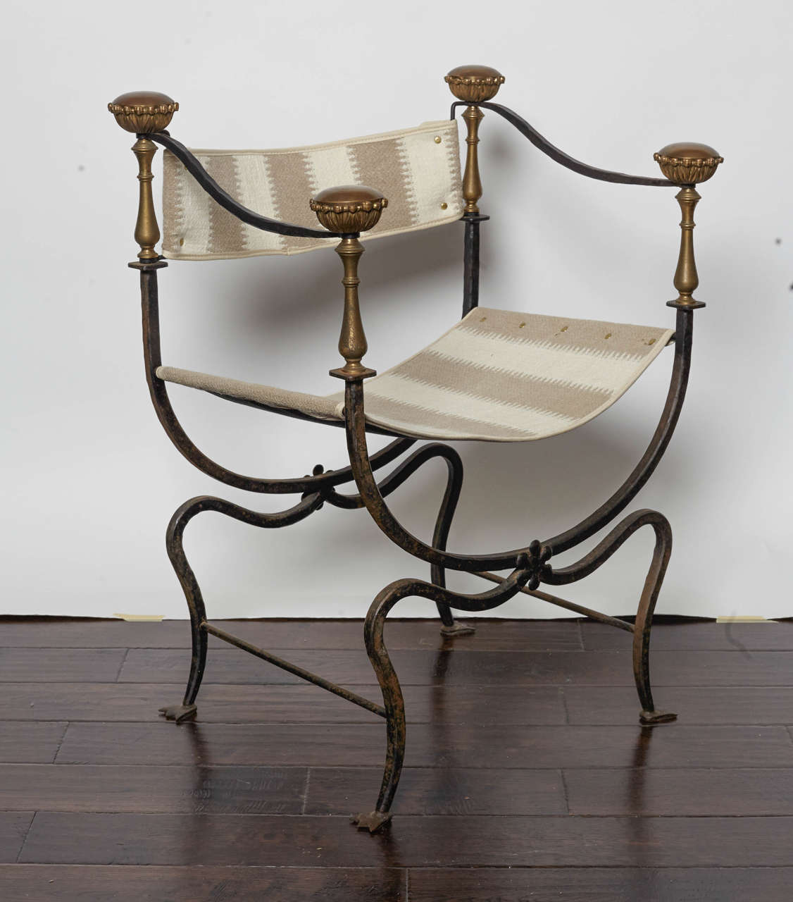 Vintage Savonarola Style Italian Iron and Linen Chair 1
