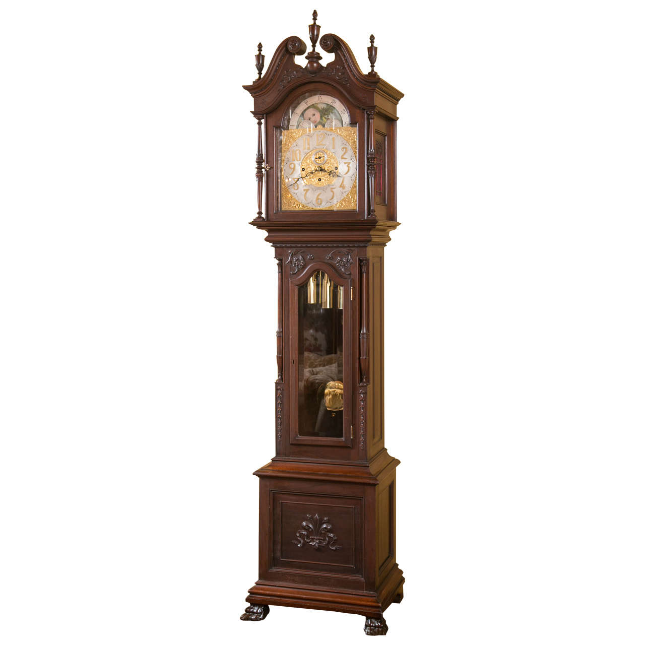 Carved Mahogany Westminster Chime Grandfather Clock J.E. Caldwell