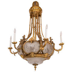 Louis XVI Style Doré Bronze Chandelier with Cut Frosted Glass Shades