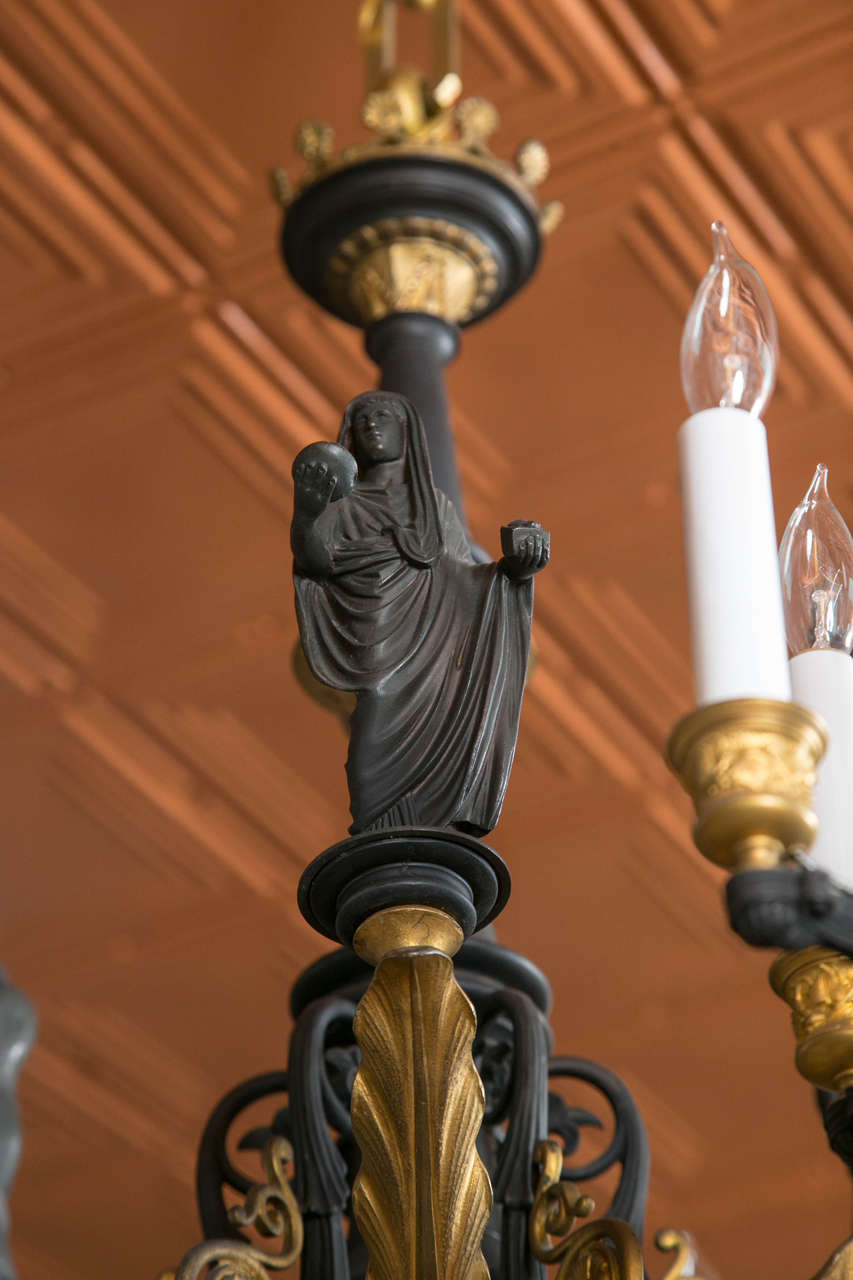 Large Parcel Gilt Bronze Gaslight Chandelier with Greco Roman Figures In Good Condition In Bridgeport, CT