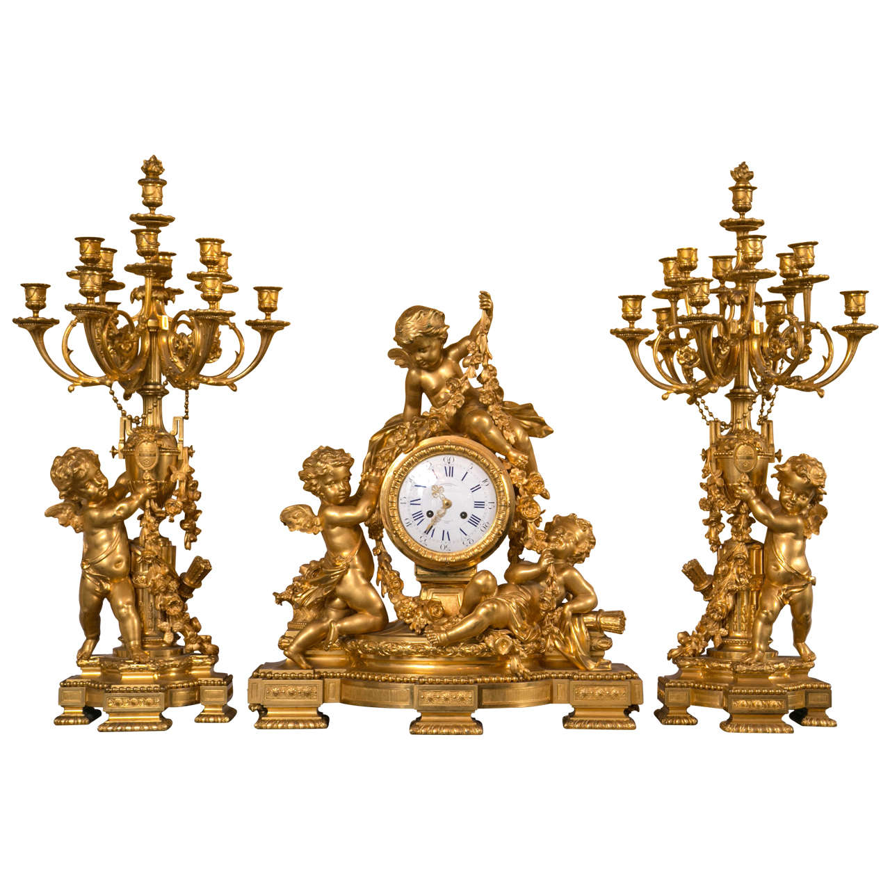  Doré Bronze Three-Piece Clock Set with Cherubs by Charpentier & Cie For Sale