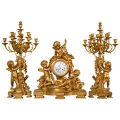  Doré Bronze Three-Piece Clock Set with Cherubs by Charpentier & Cie