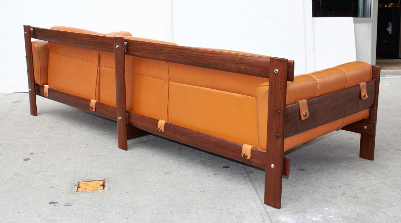Brazilian Mid-Century Sofa in Cognac Leather and Rosewood Designed by Percival Lafer