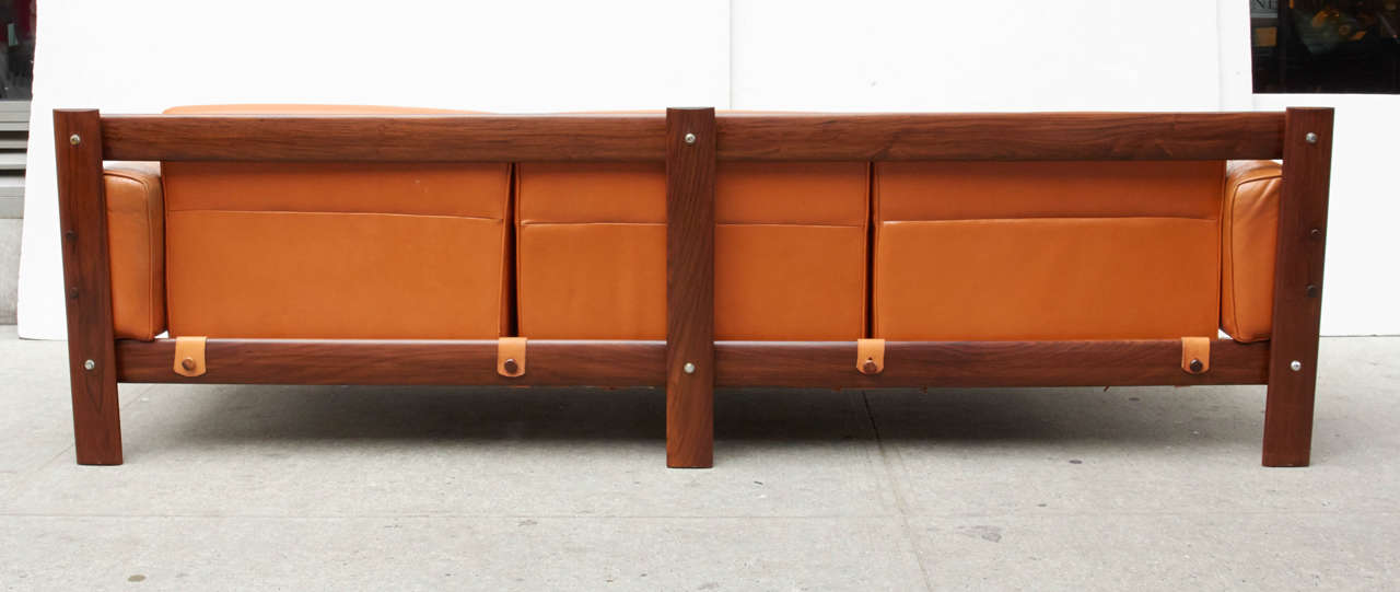 Mid-Century Sofa in Cognac Leather and Rosewood Designed by Percival Lafer In Good Condition In Fort Lauderdale, FL