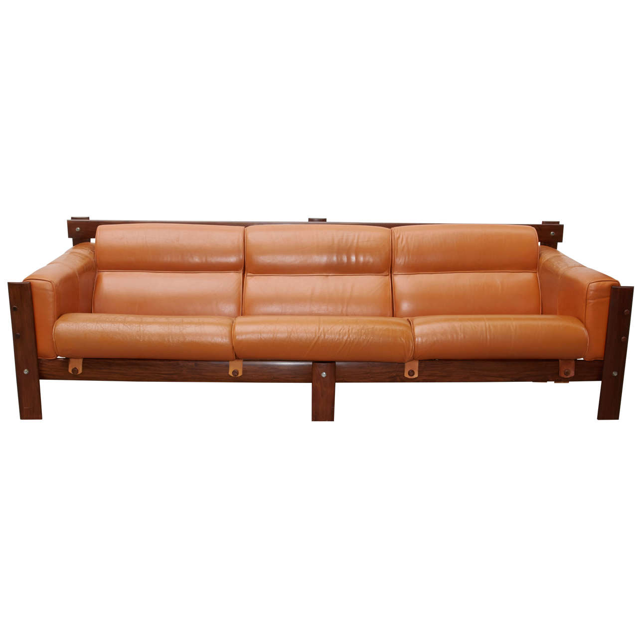 Mid-Century Sofa in Cognac Leather and Rosewood Designed by Percival Lafer