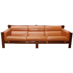 Mid-Century Sofa in Cognac Leather and Rosewood Designed by Percival Lafer