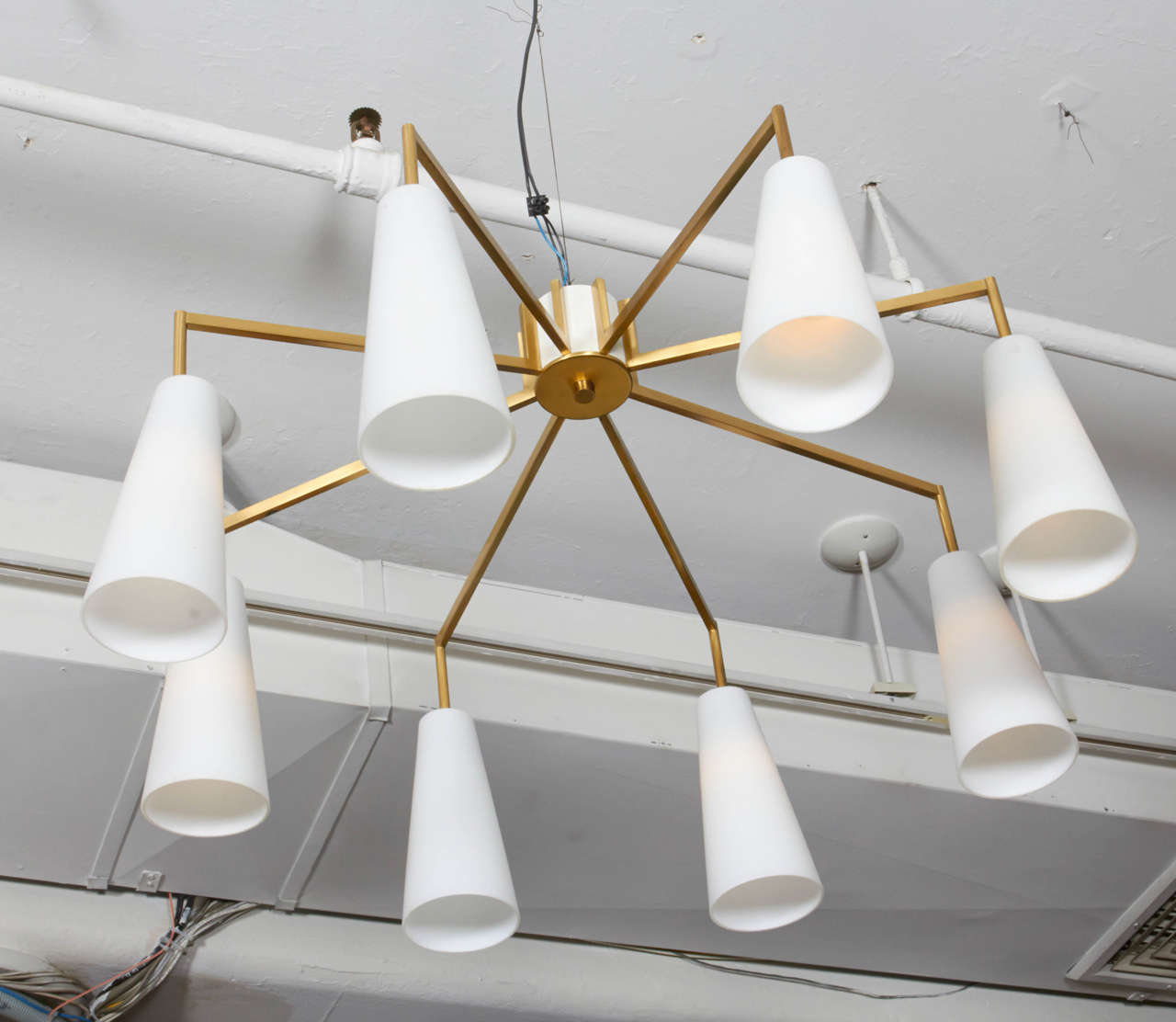 Eight-Arm chandelier with Glass Diffusers and Brass Structure, Germany, 1950s In Excellent Condition In New York, NY