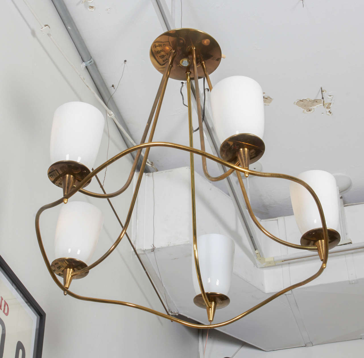 Unknown Lightolier Brass and Glass Chandelier For Sale