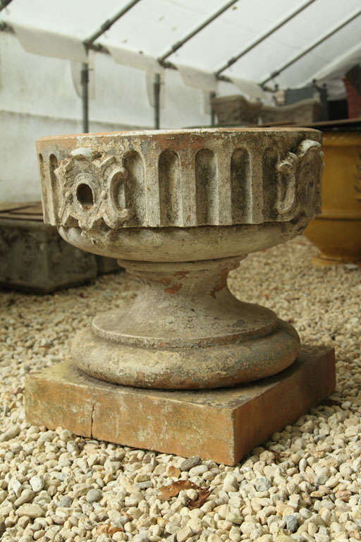 French Single Gothic Style Terra Cotta Planter Urn on Base
