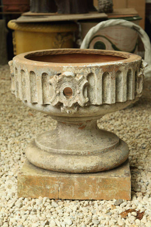 From a garden in Lille, France, a lovely terracotta bowl shaped planter urn with a painted exterior<br />
Base 23