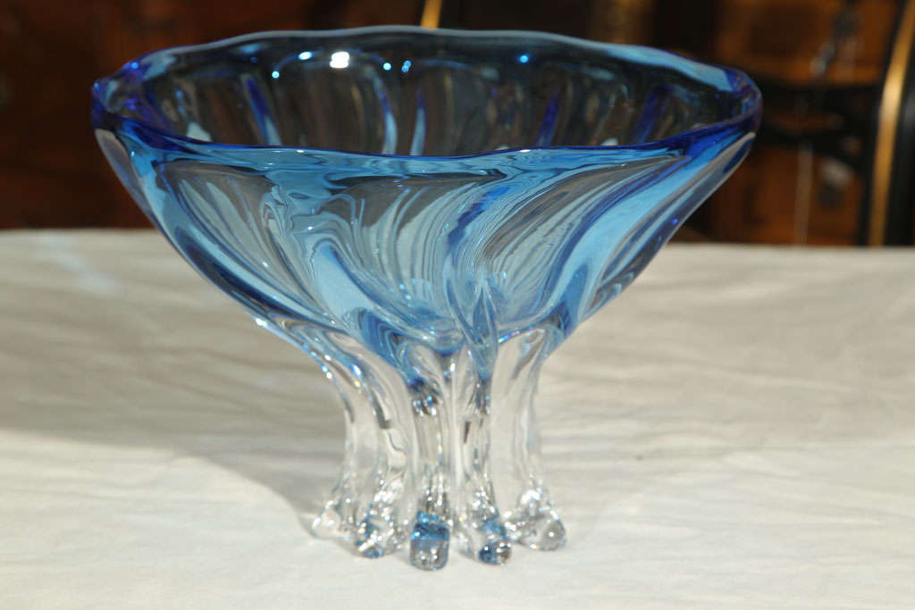 MURANO BLOWN CRYSTAL FOOTED BOWL...SAPPHIRE  BLUE FADED TO CLEAR..ORGANIC SWIRLED FORM WITH RIBBED FOOT..SIGNED AND DATED 1977.. EXCELLANT CONDITION