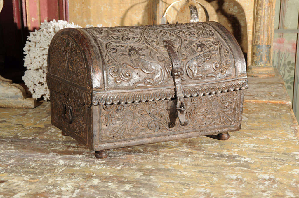 Small Charming Hand Tooled Leather Coffer From Spain. Iron Latch and Side Handles With Wooden Interior.