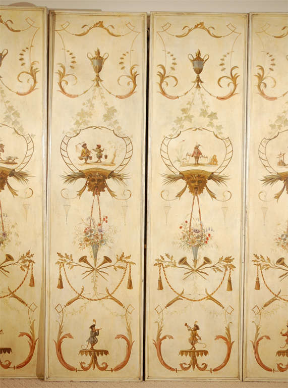 Four matching panels on framed wood bodies with elaborate Florentine painted motifs. Soft cream background with polychrome decoration. Each panel measures 90