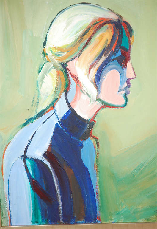 Large abstract, painted portrait of blonde woman in cool tones of blue, green, and yellow in a brushed silver frame. Some scuffs on frame, great condition for vintage.