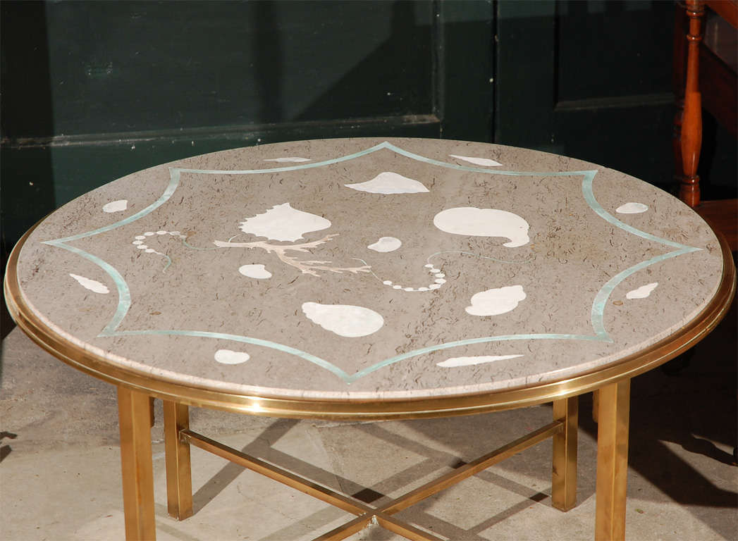 Italian Marble w/Inlaid Stone and Brass Low Table In Good Condition In Los Angeles, CA