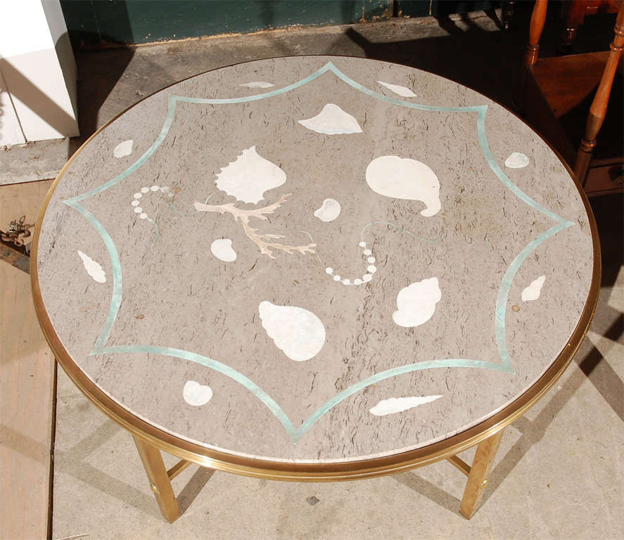 Mid-20th Century Italian Marble w/Inlaid Stone and Brass Low Table
