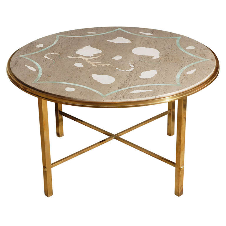 Italian Marble w/Inlaid Stone and Brass Low Table