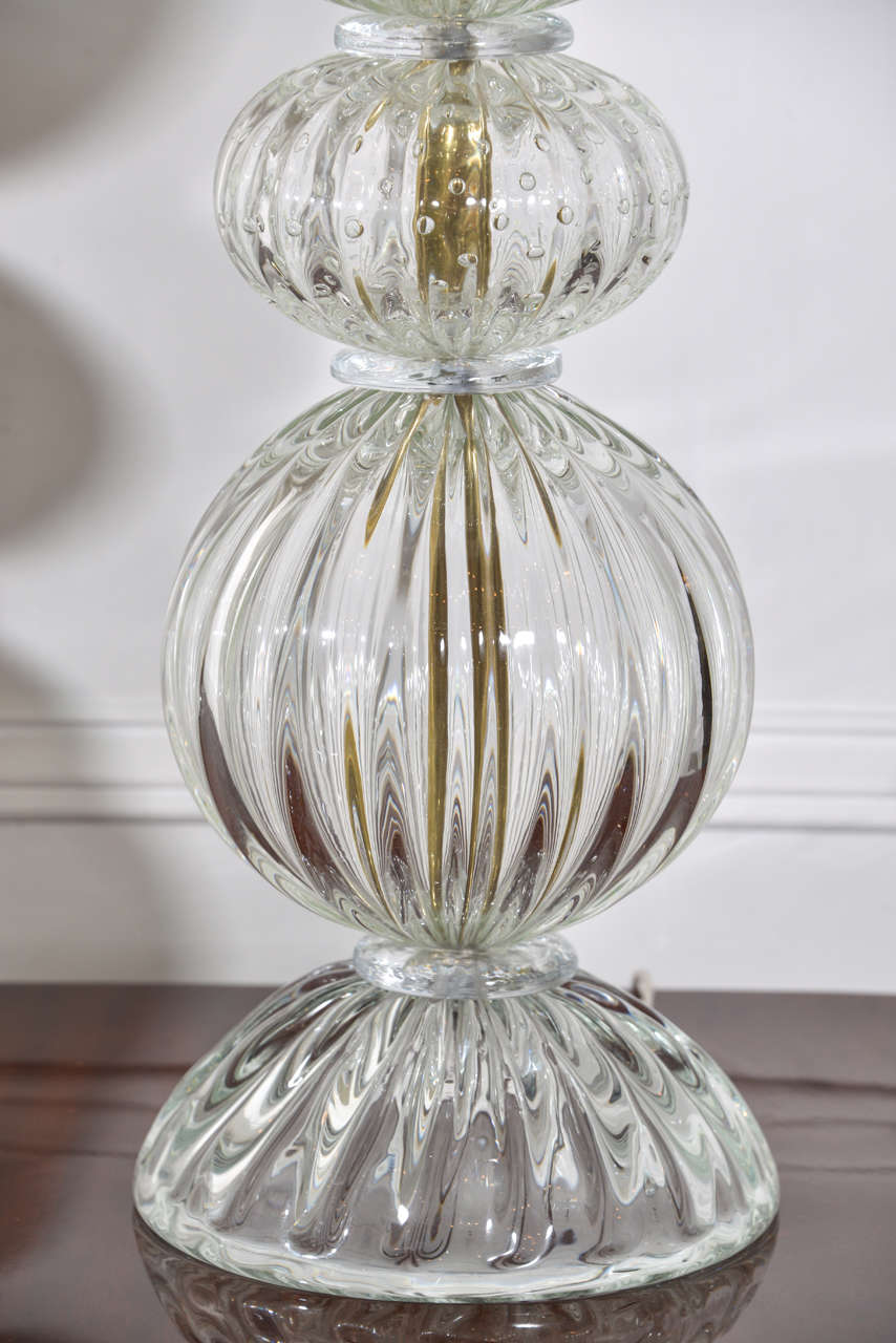 Italian Pair of Clear Murano Glass Lamps by Barovier For Sale