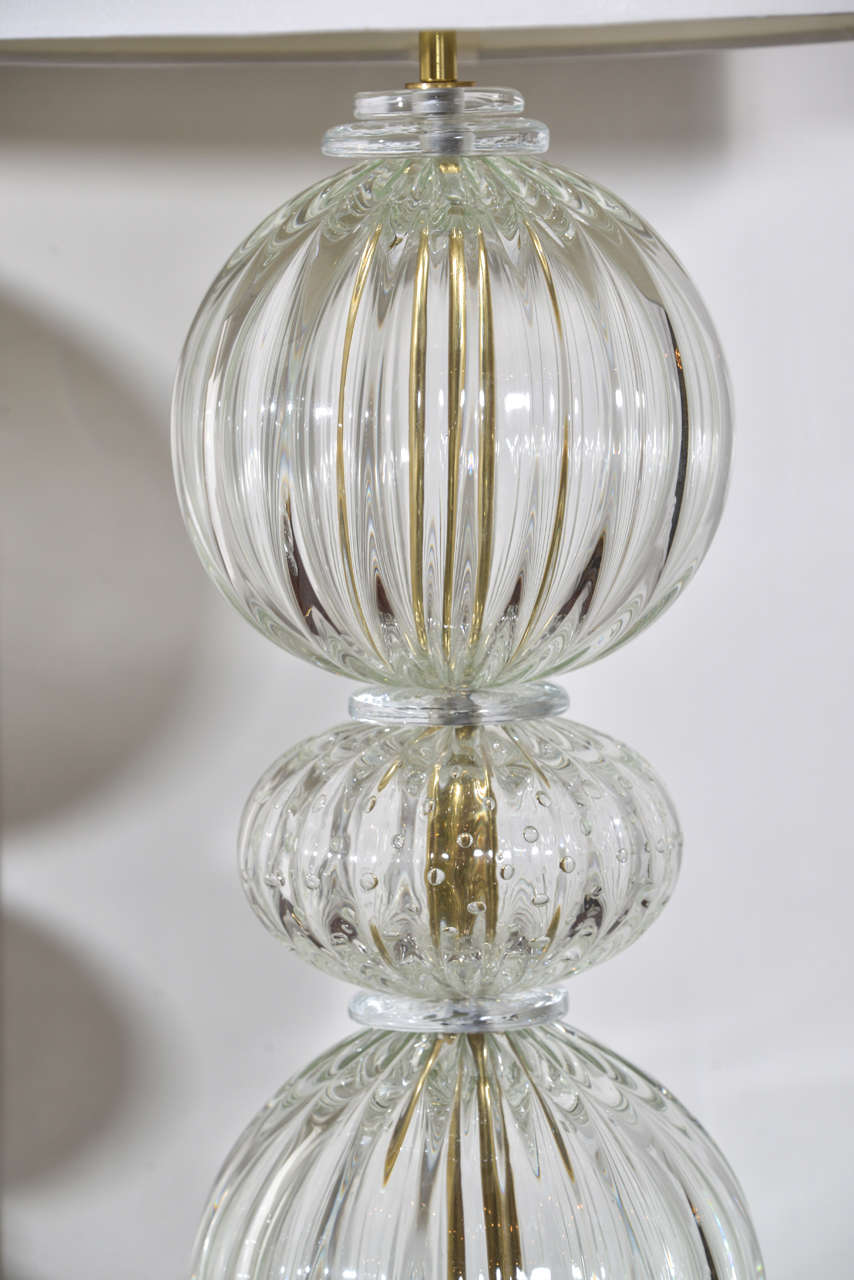 Polished Pair of Clear Murano Glass Lamps by Barovier For Sale