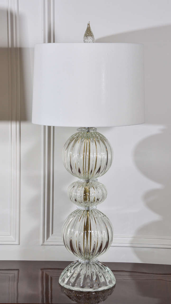Blown Glass Pair of Clear Murano Glass Lamps by Barovier For Sale